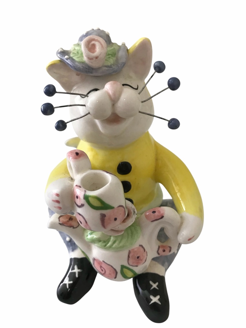 Yellow Floral Cat Figurine Teapot Holder - Charming Decorative home. Amy Lacombe